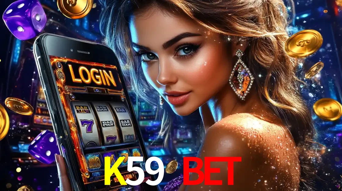 Mulher glamorosa segurando um smartphone com a tela de login para os jogos de caça-níqueis do cassino online K59 BET, com moedas de ouro e dados ao redor.